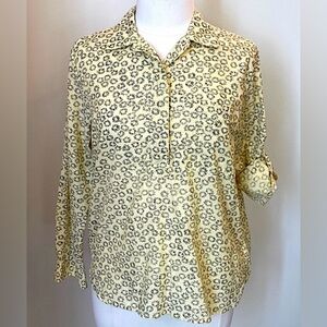 Gap Black Yellow Ditsy Floral Roll Tab Sleeve Henley Collared Casual Top Size LP